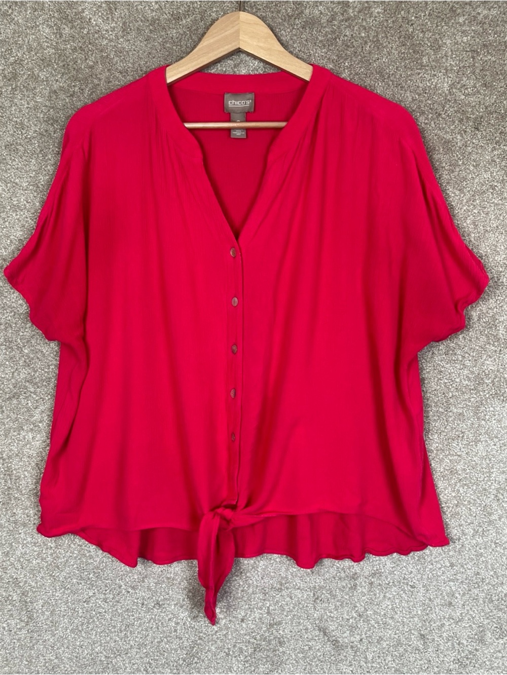 Chico's Blouse Womens 2 Pink Rayon Button Tie Front Short Sleeve- 5168